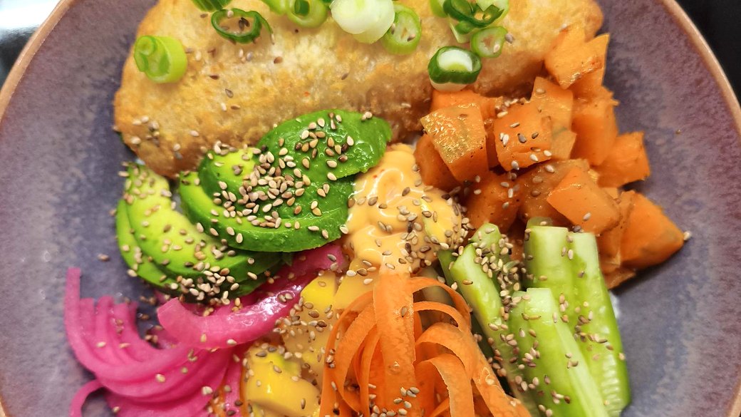 Mango Rice Bowl with Crispy Fish and Pickled Onion