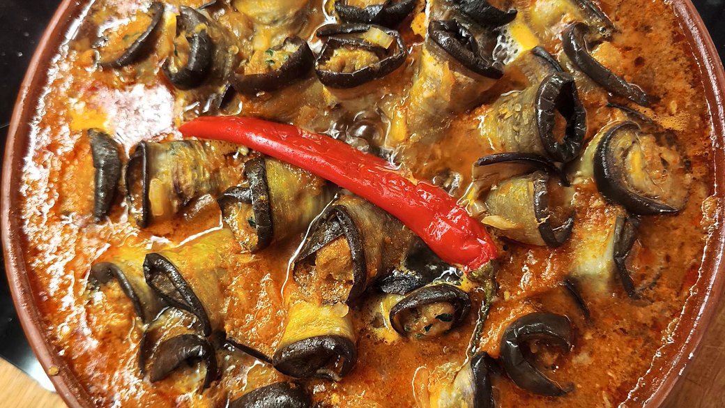 Moroccan Eggplant Rolls Tajine with Turkey